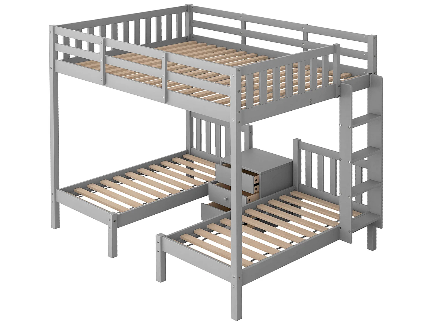 Literas 3 camas 140x200cm + 2x70x140cm, con mesita de noche, cama infantil, escalera y somier, madera de pino gris