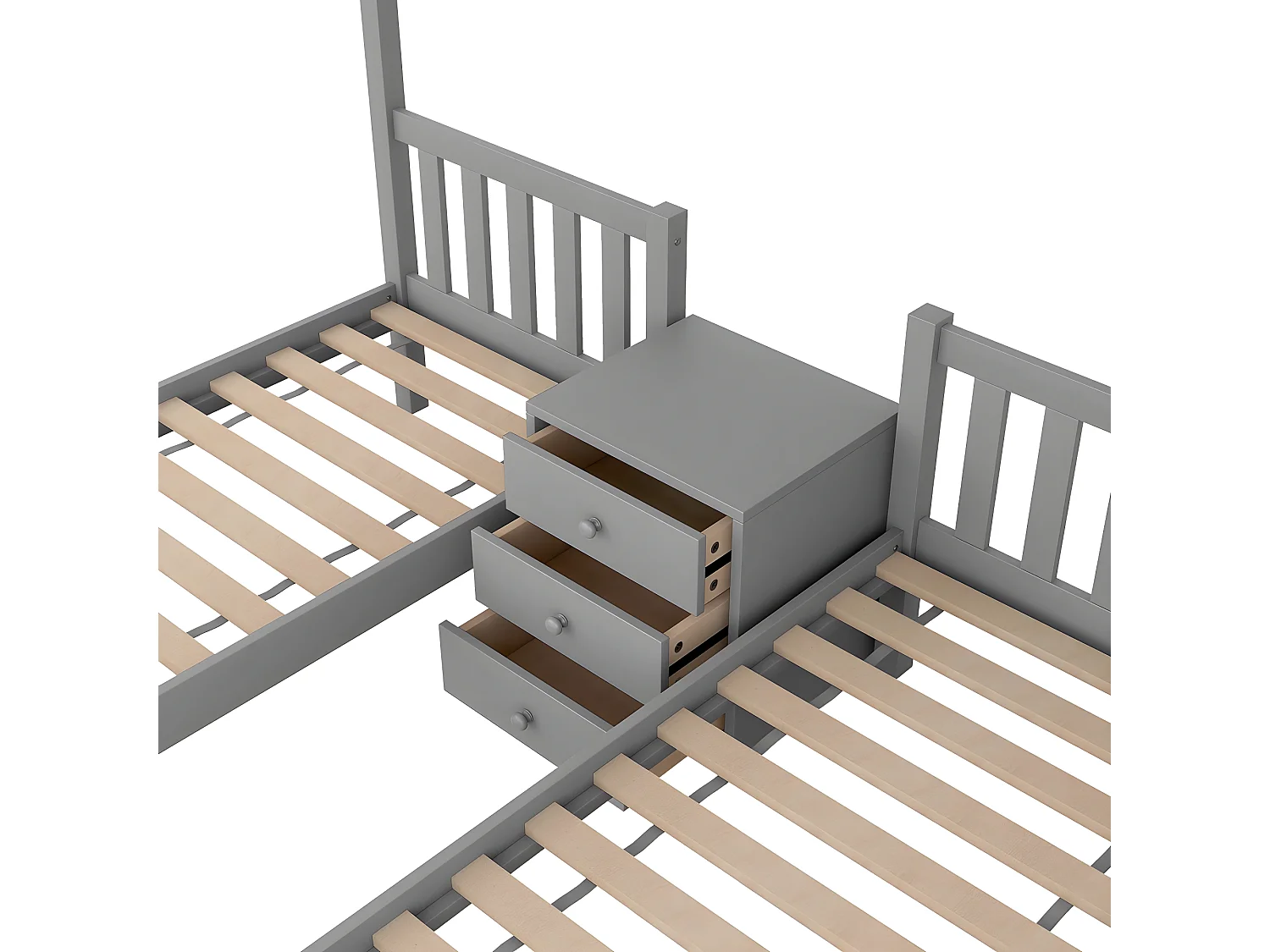 Literas 3 camas 140x200cm + 2x70x140cm, con mesita de noche, cama infantil, escalera y somier, madera de pino gris