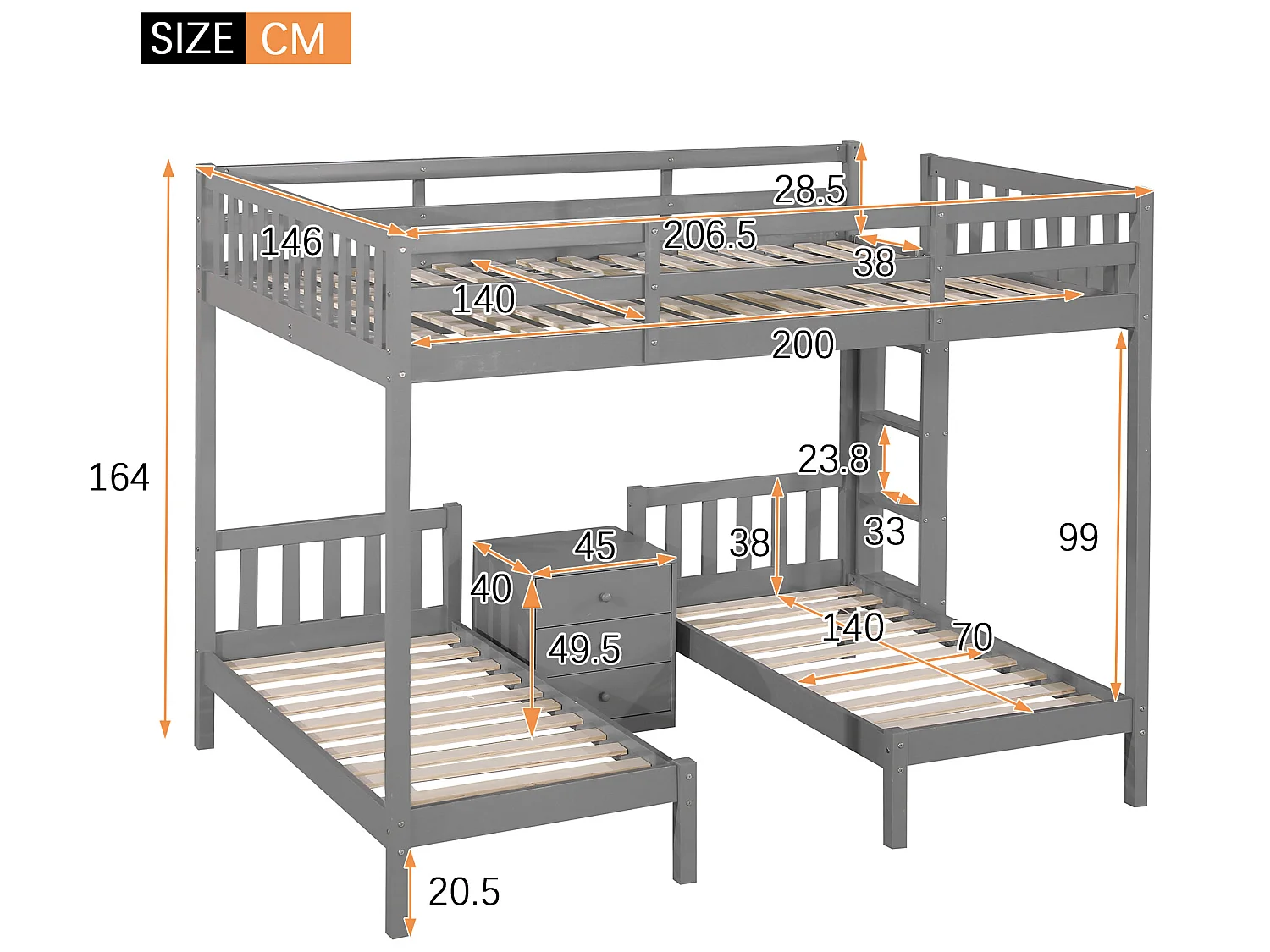 Literas 3 camas 140x200cm + 2x70x140cm, con mesita de noche, cama infantil, escalera y somier, madera de pino gris