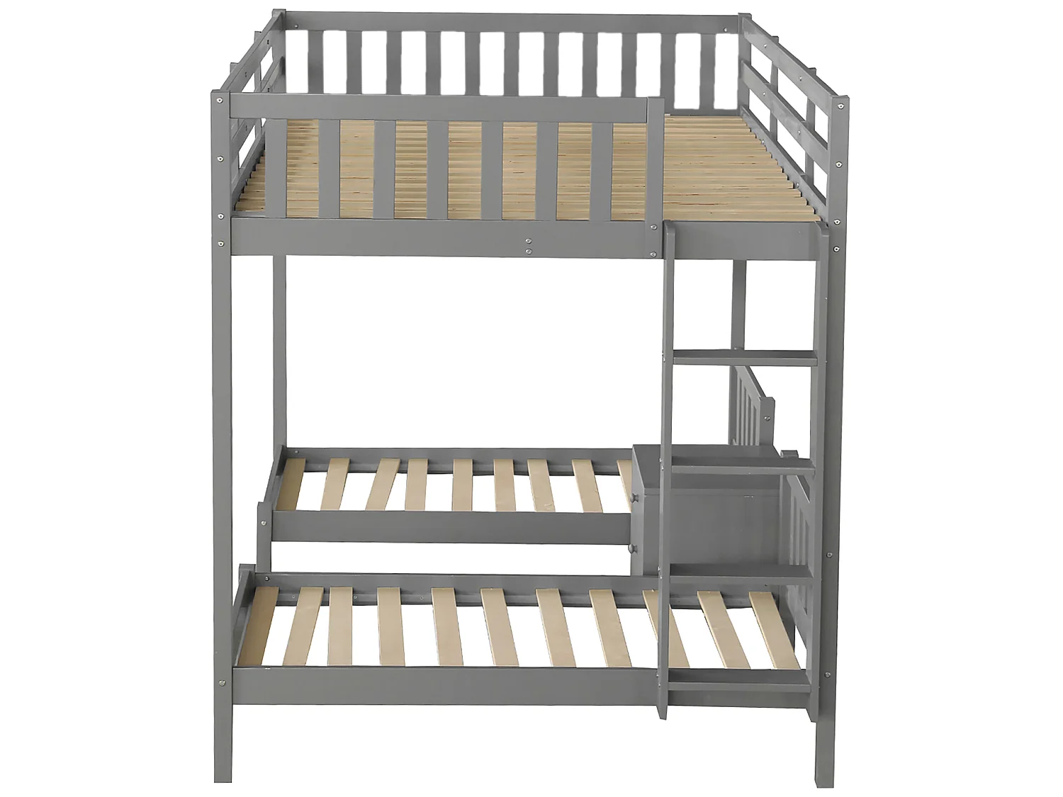 Literas 3 camas 140x200cm + 2x70x140cm, con mesita de noche, cama infantil, escalera y somier, madera de pino gris