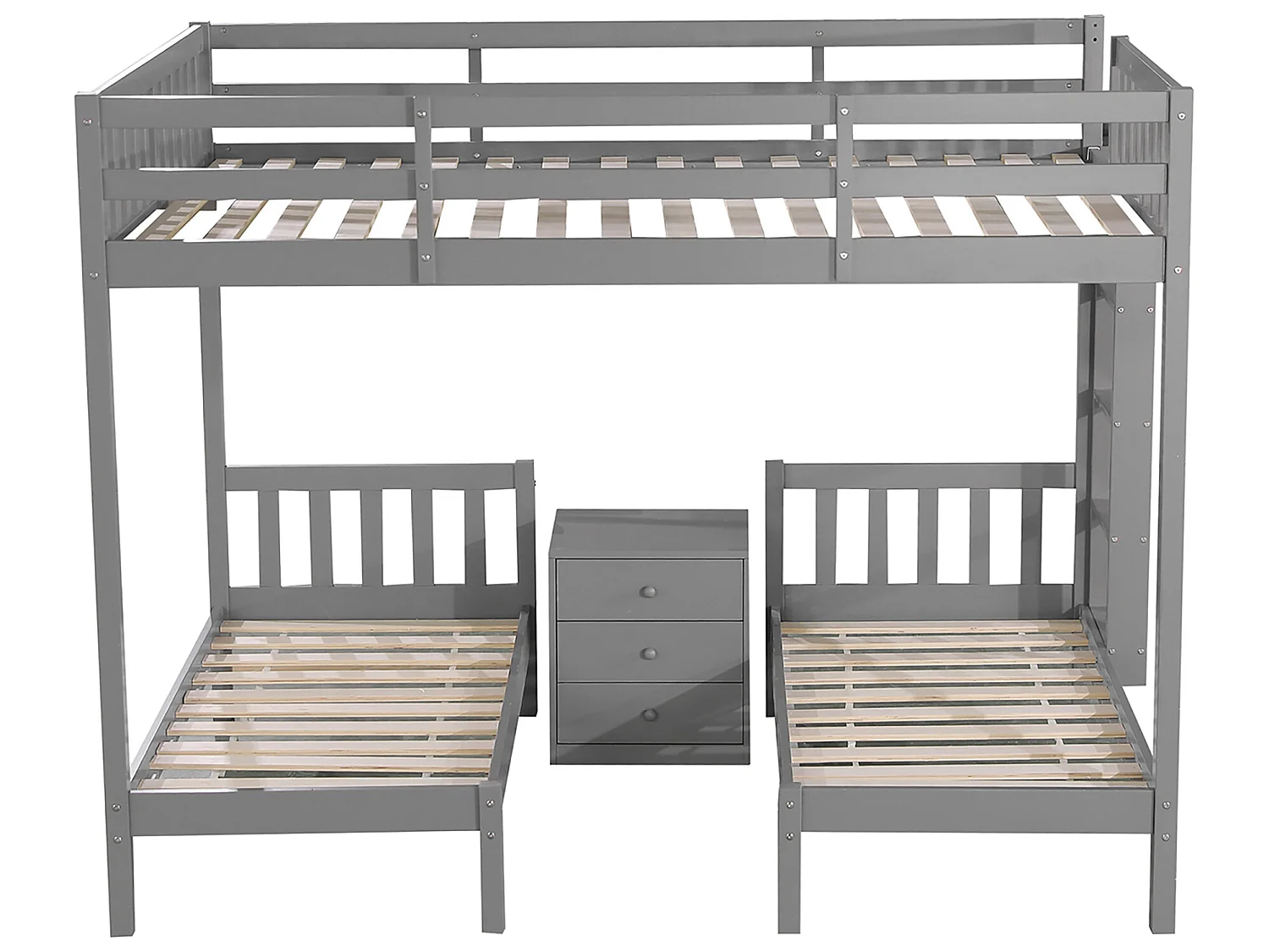 Literas 3 camas 140x200cm + 2x70x140cm, con mesita de noche, cama infantil, escalera y somier, madera de pino gris