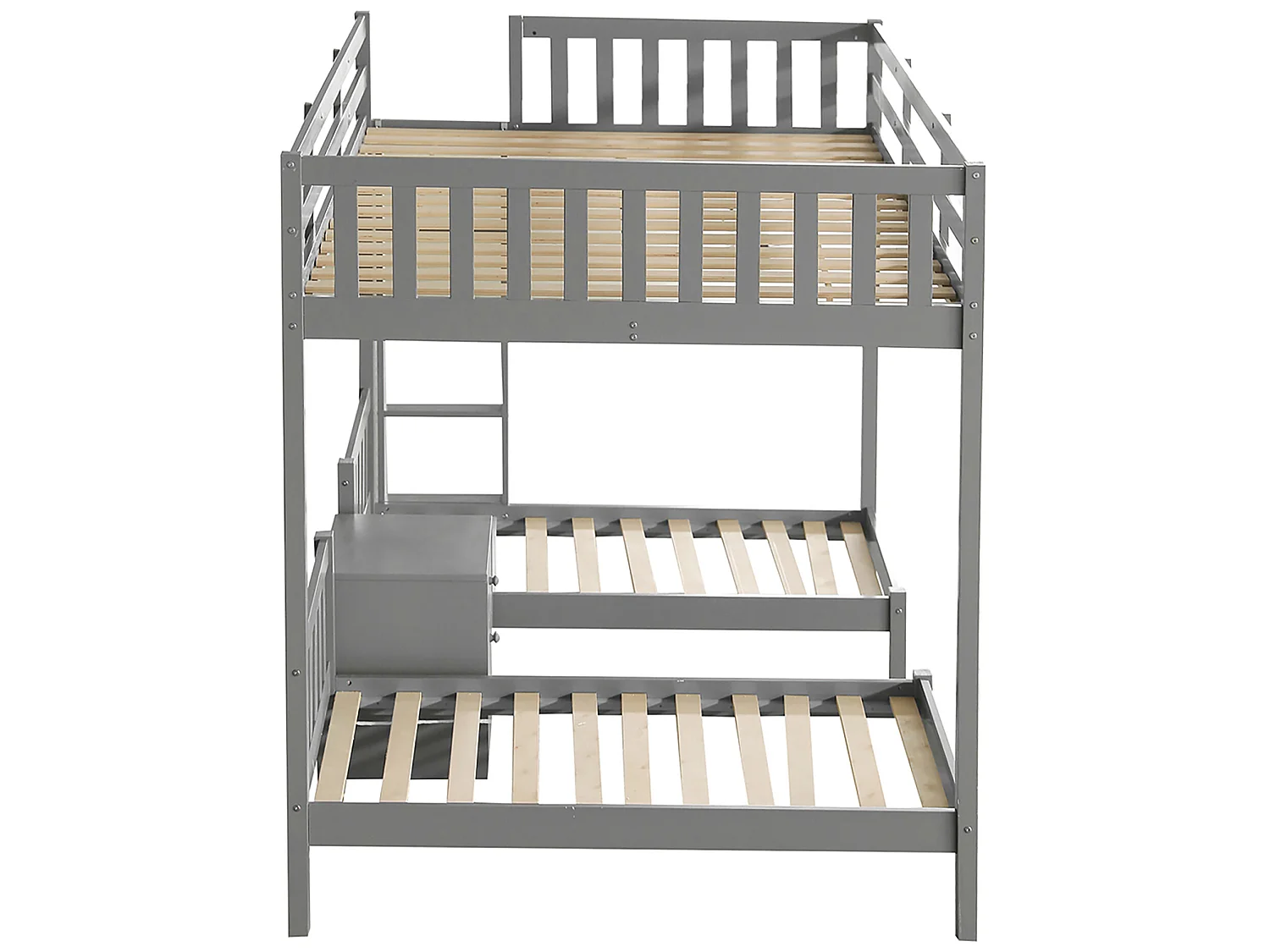 Literas 3 camas 140x200cm + 2x70x140cm, con mesita de noche, cama infantil, escalera y somier, madera de pino gris
