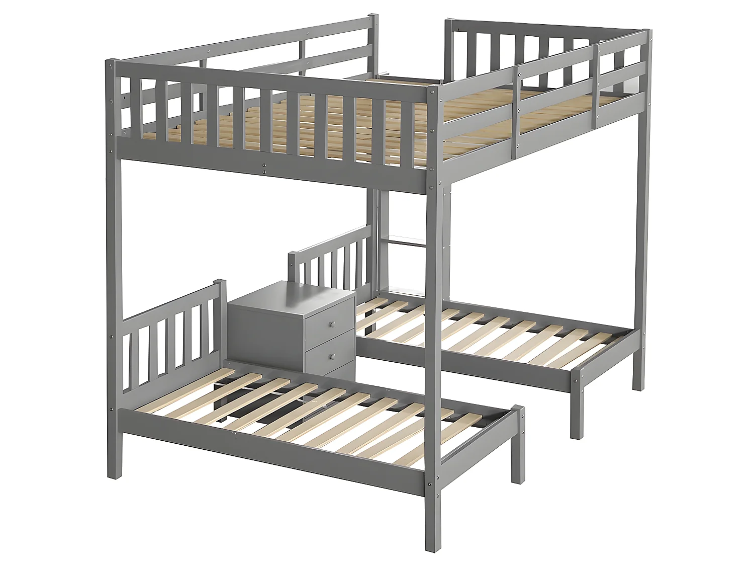 Literas 3 camas 140x200cm + 2x70x140cm, con mesita de noche, cama infantil, escalera y somier, madera de pino gris