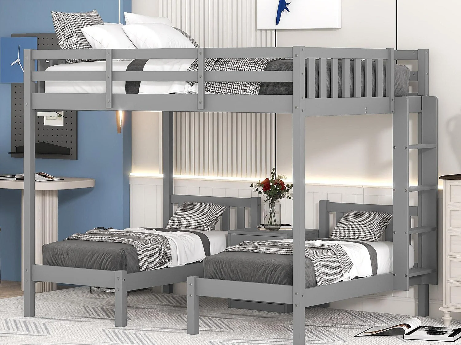Literas 3 camas 140x200cm + 2x70x140cm, con mesita de noche, cama infantil, escalera y somier, madera de pino gris