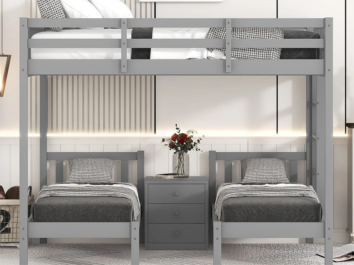 Literas 3 camas 140x200cm + 2x70x140cm, con mesita de noche, cama infantil, escalera y somier, madera de pino gris