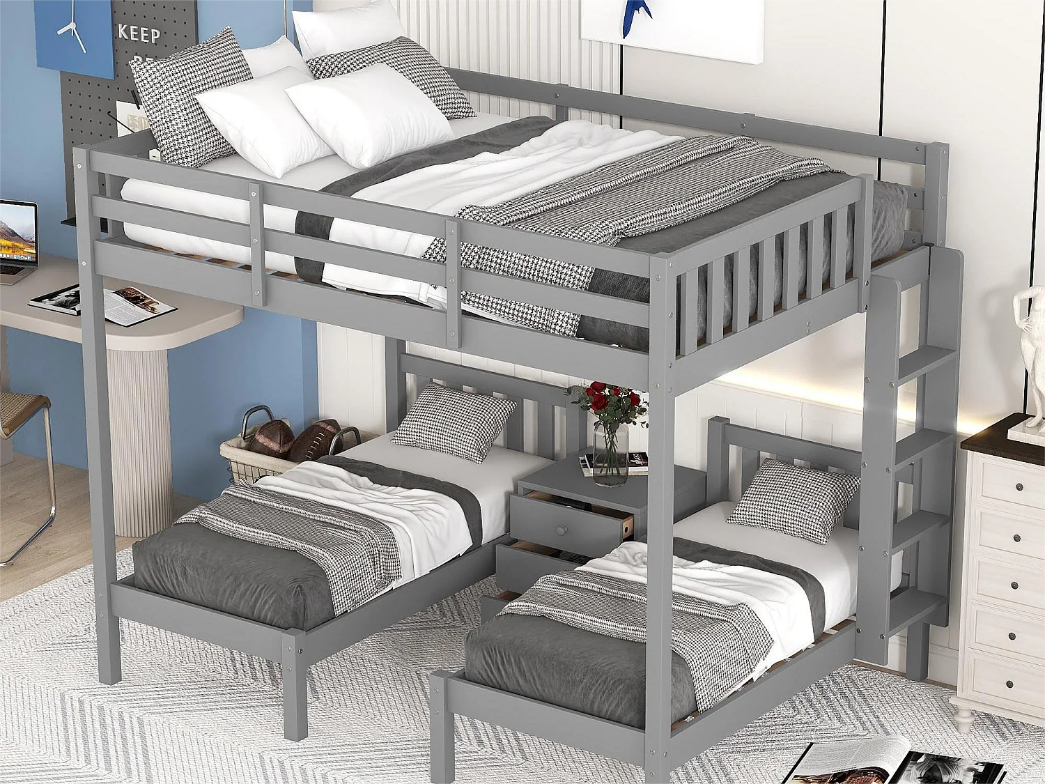 Literas 3 camas 140x200cm + 2x70x140cm, con mesita de noche, cama infantil, escalera y somier, madera de pino gris