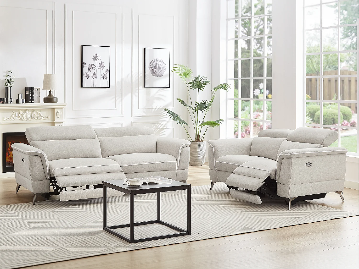 Elektrische relax-zitbanken met 3 en 2 plaatsen in beige stof MACARI