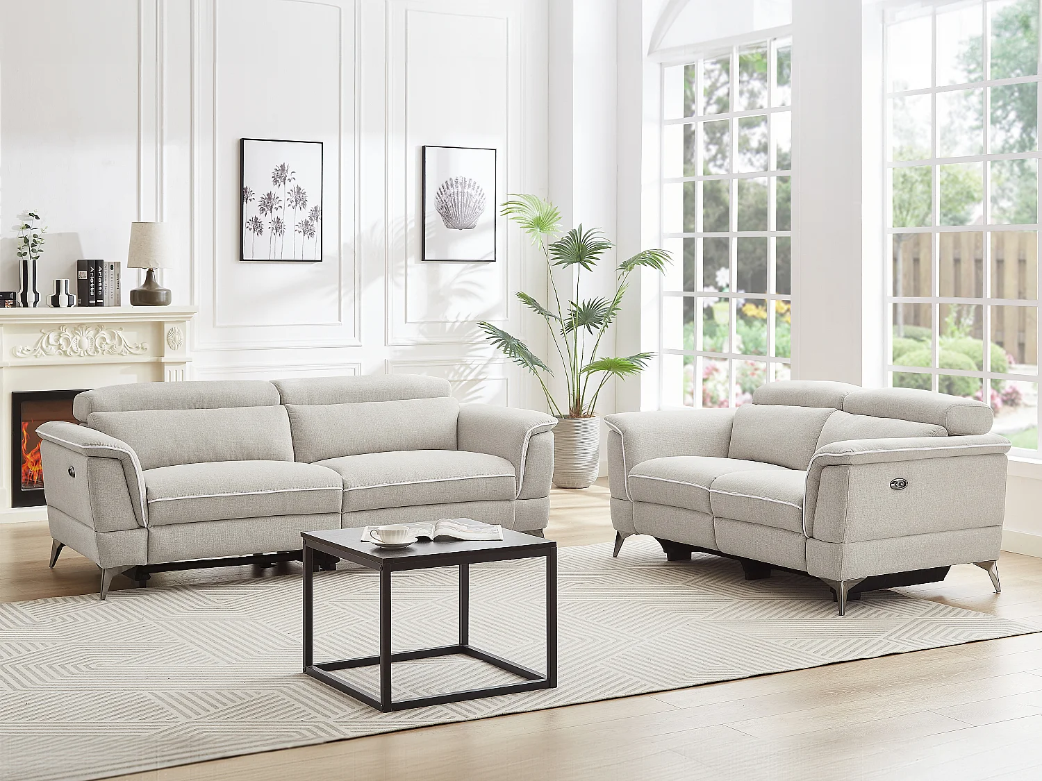 Elektrische relax-zitbanken met 3 en 2 plaatsen in beige stof MACARI