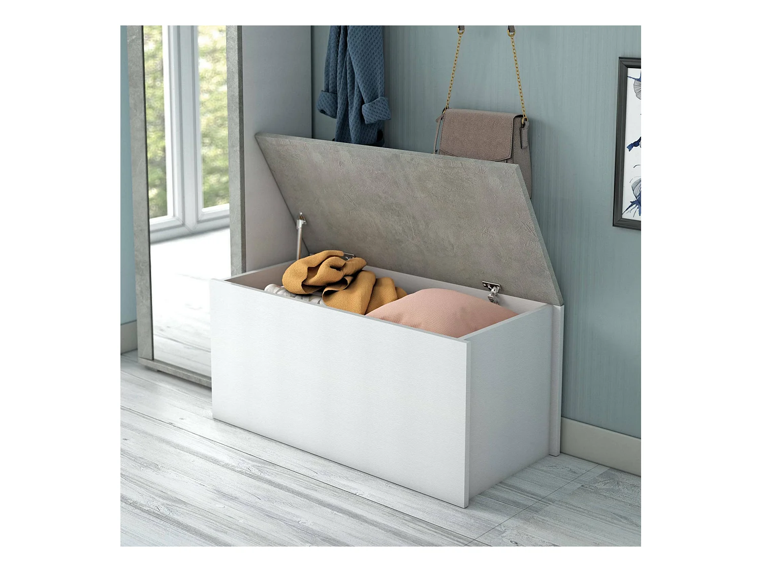 Dmora - Baule Ayusnay, 90x45h45 cm, Bianco e Cemento