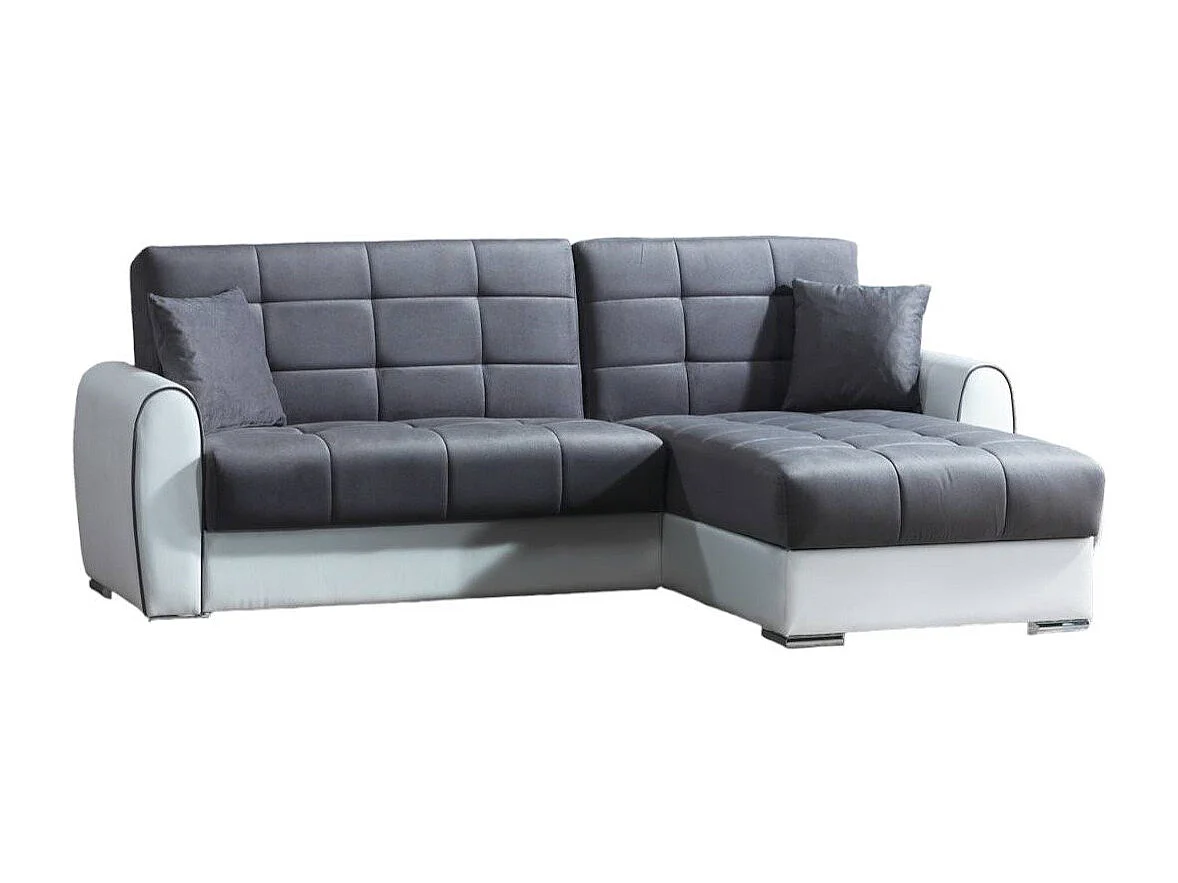 Dflumin slaapbank, hoekslaapbank van ecoleer en stof, bank met klik-klakopening en omkeerbaar schiereiland, 246x160h91 cm, wit en grijs