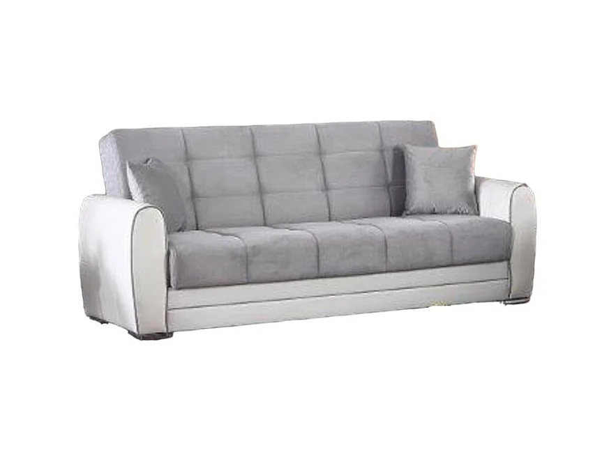 Canapé Dgirou, Canapé conteneur 3 places en éco-cuir et tissu, Canapé de salon en tissu rembourré avec ouverture clic-clac, 220x84h91 cm, Blanc et Gris
