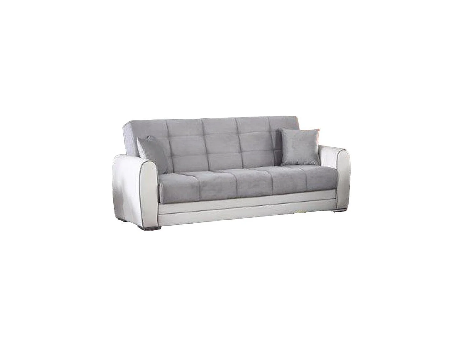 Canapé Dgirou, Canapé conteneur 3 places en éco-cuir et tissu, Canapé de salon en tissu rembourré avec ouverture clic-clac, 220x84h91 cm, Blanc et Gris