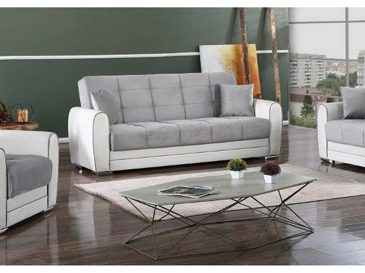 Canapé Dgirou, Canapé conteneur 3 places en éco-cuir et tissu, Canapé de salon en tissu rembourré avec ouverture clic-clac, 220x84h91 cm, Blanc et Gris