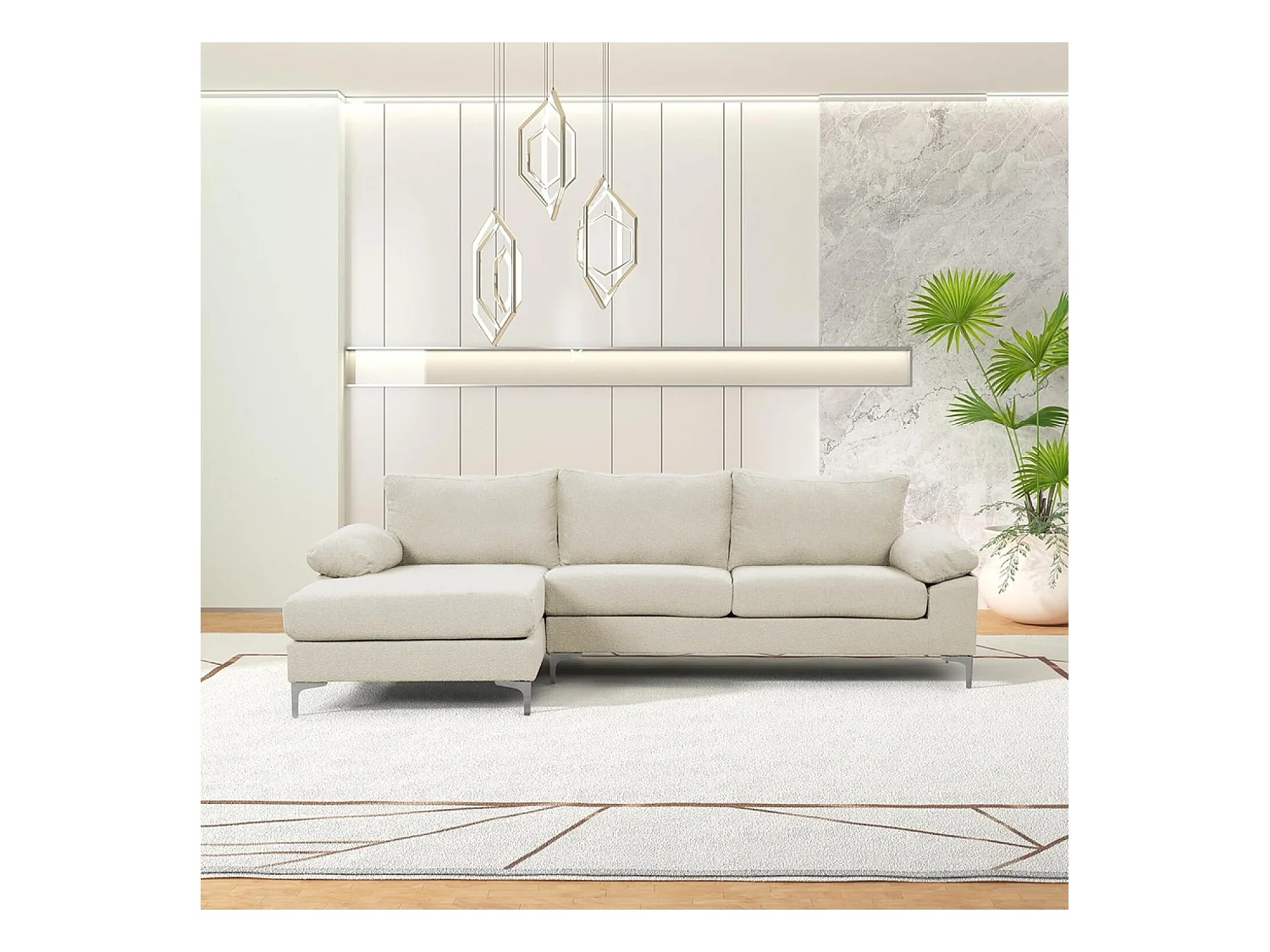 Canapé d'angle gauche 4-5 places en velours beige GALWAY
