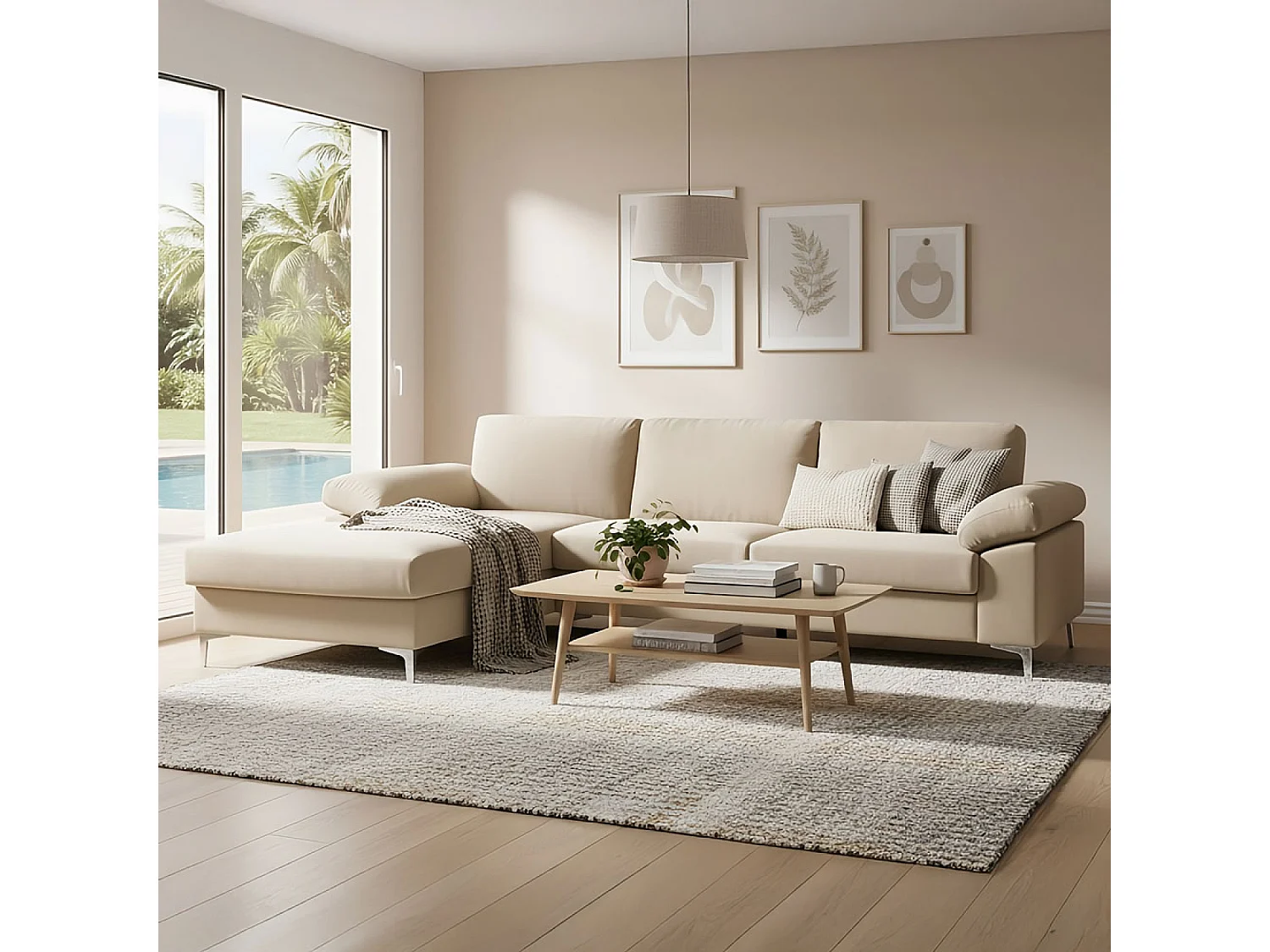 Divano angolare 4-5 posti in velluto beige GALWAY