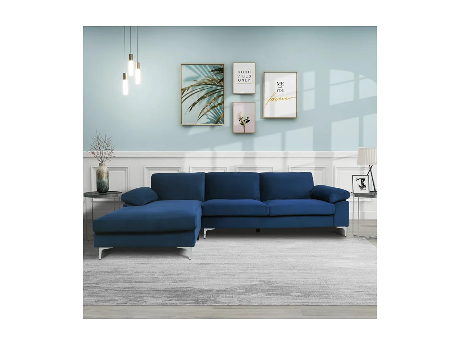 Sofá de canto 4/5 lugares veludo azul GALWAY