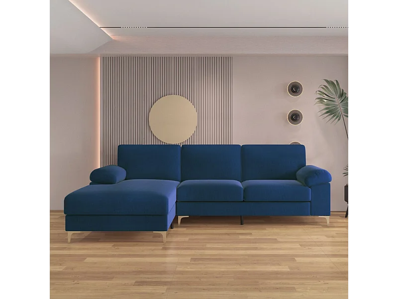 Canapé d'angle gauche 4-5 places en velours bleu GALWAY