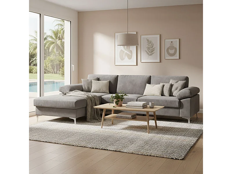 Ecksofa links 4/5-Sitzer aus Samt, grau GALWAY