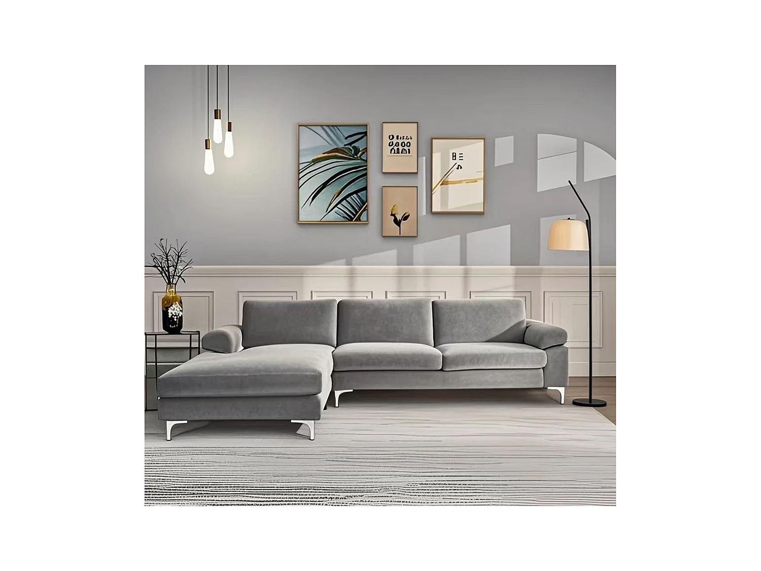 Canapé d'angle gauche 4-5 places en velours gris GALWAY