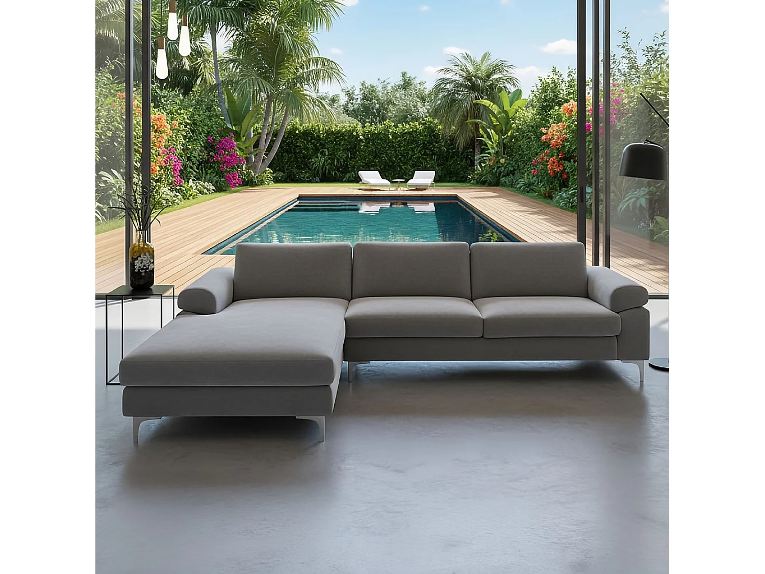 Divano angolare 4-5 posti in velluto grigio GALWAY