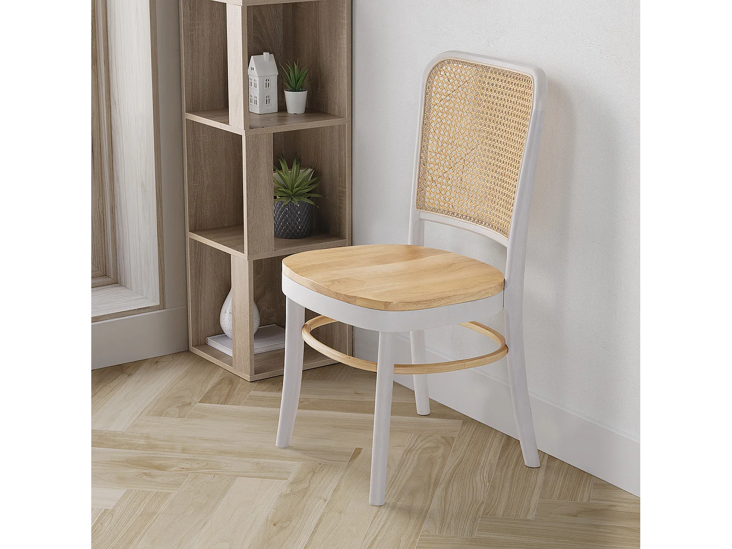 Pack de 2 chaises Vesta Couleur Blanc/chêne, Bois Massif et Rotin naturel