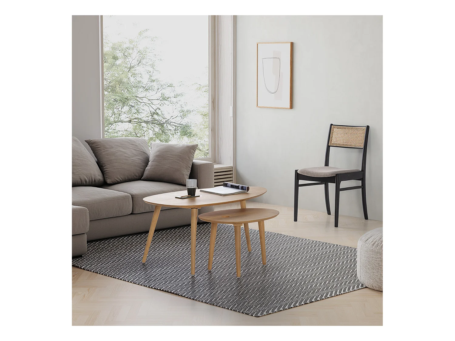 Pack de 2 chaises Vilma Couleur Noir Wash, Bois Massif et Rotin naturel