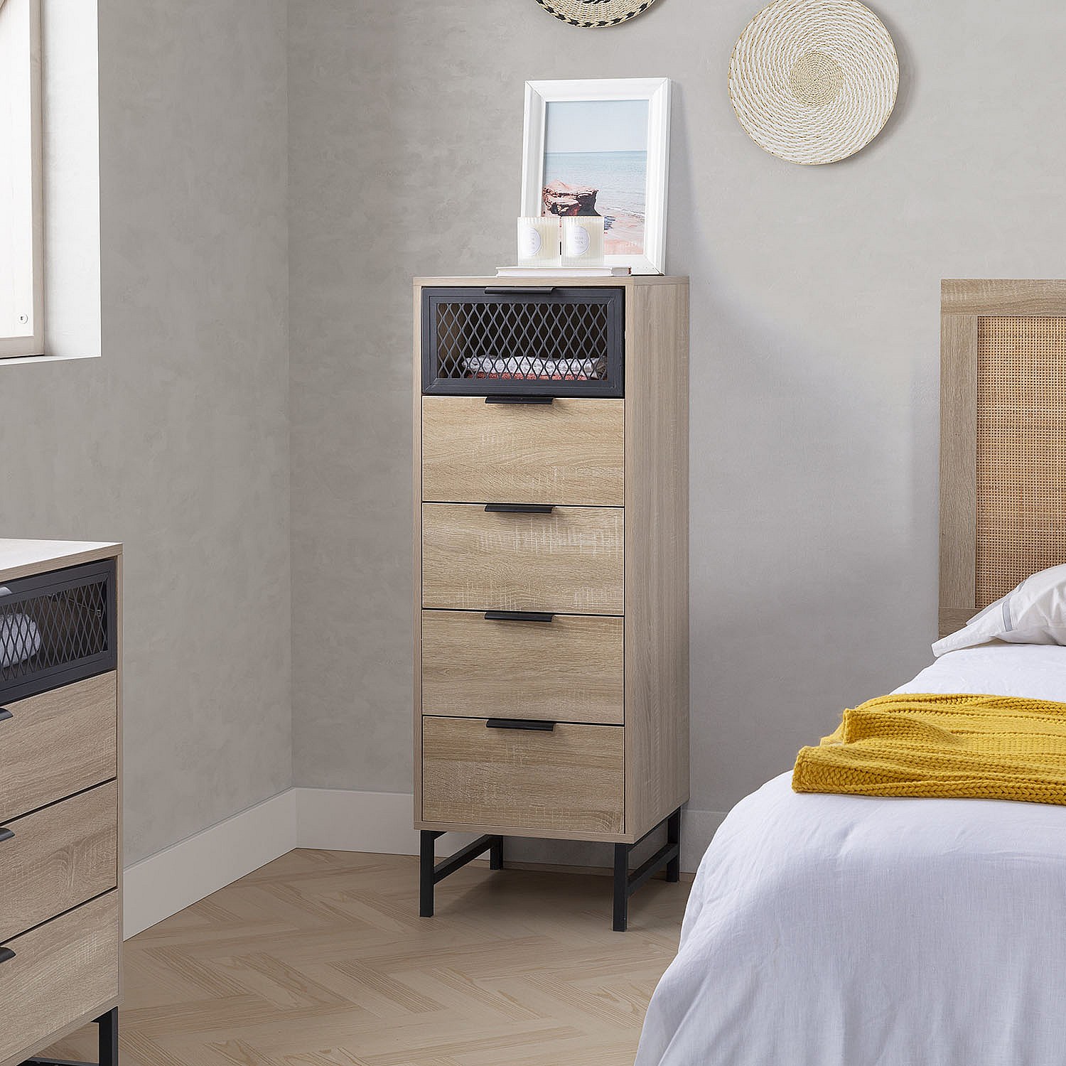 Cassettiera In Rattan Naturale, 6 Cassetti, Per Camera Da Letto E Soggiorno 110x40x75 Cm Marrone