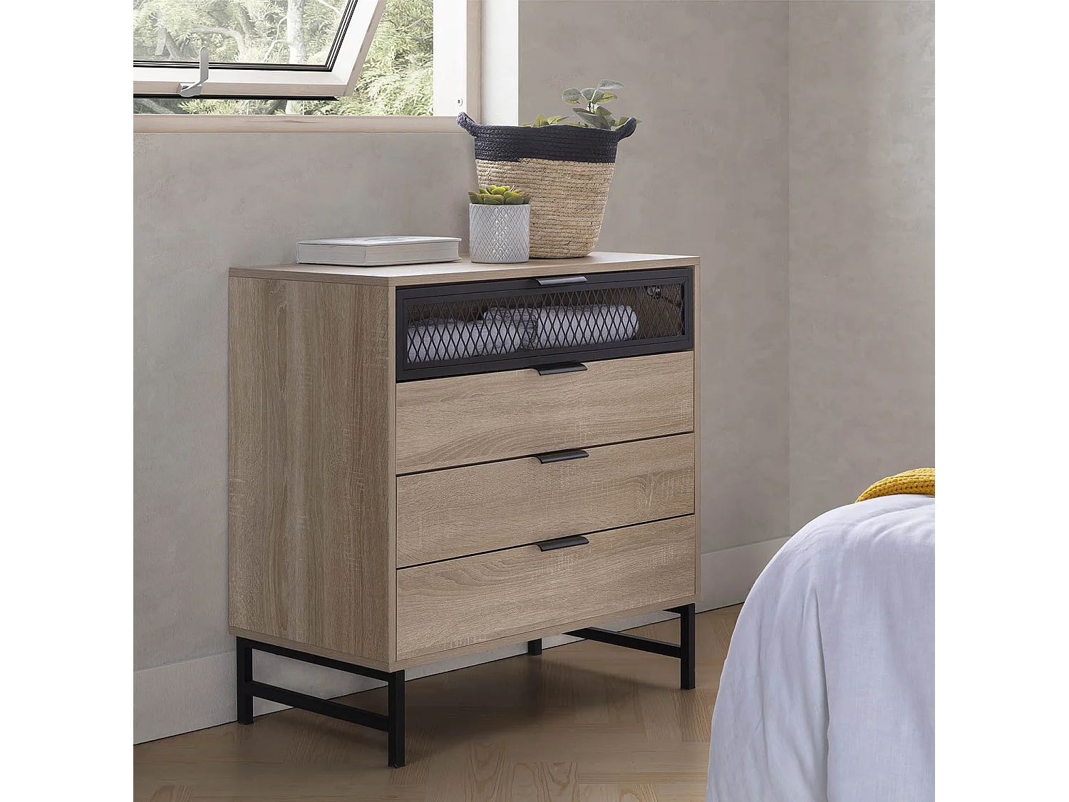 Commode de nuit Hera 3 tiroirs 1 porte coloris bois