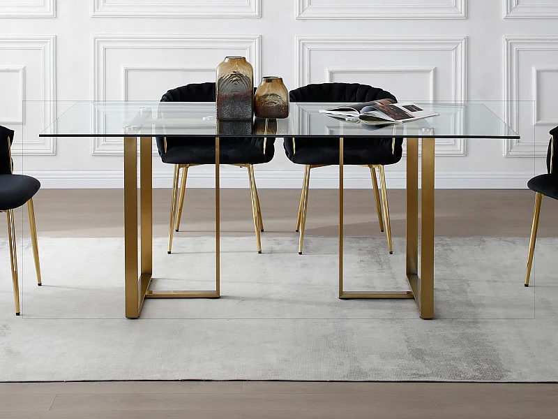 Mesa de comedor 6 comensales de vidrio templado y acero inoxidable - Transparente y dorado - NILESA