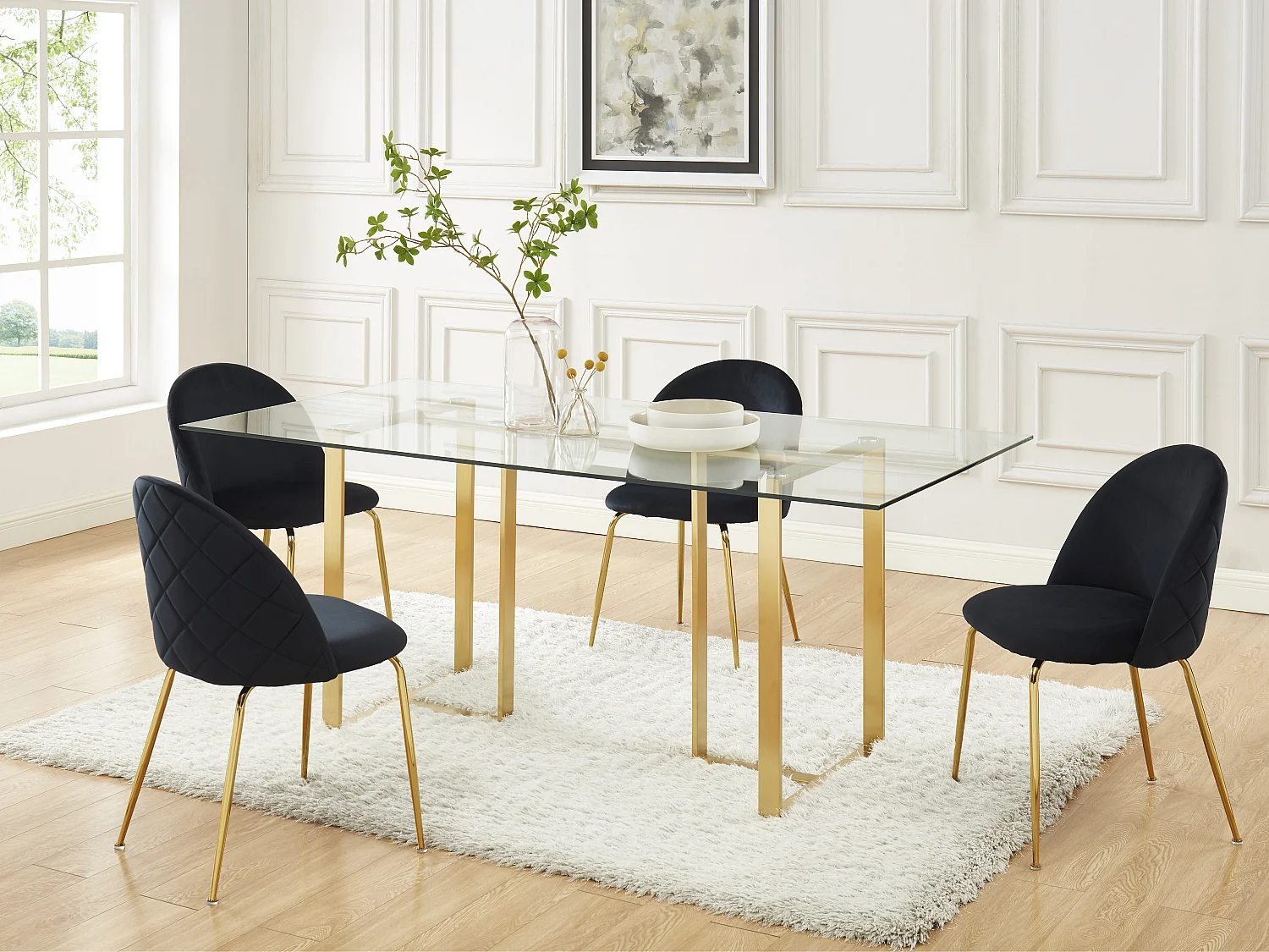 Table à manger 6 personnes en verre trempé et acier inoxydable - Transparent et doré - NILESA II