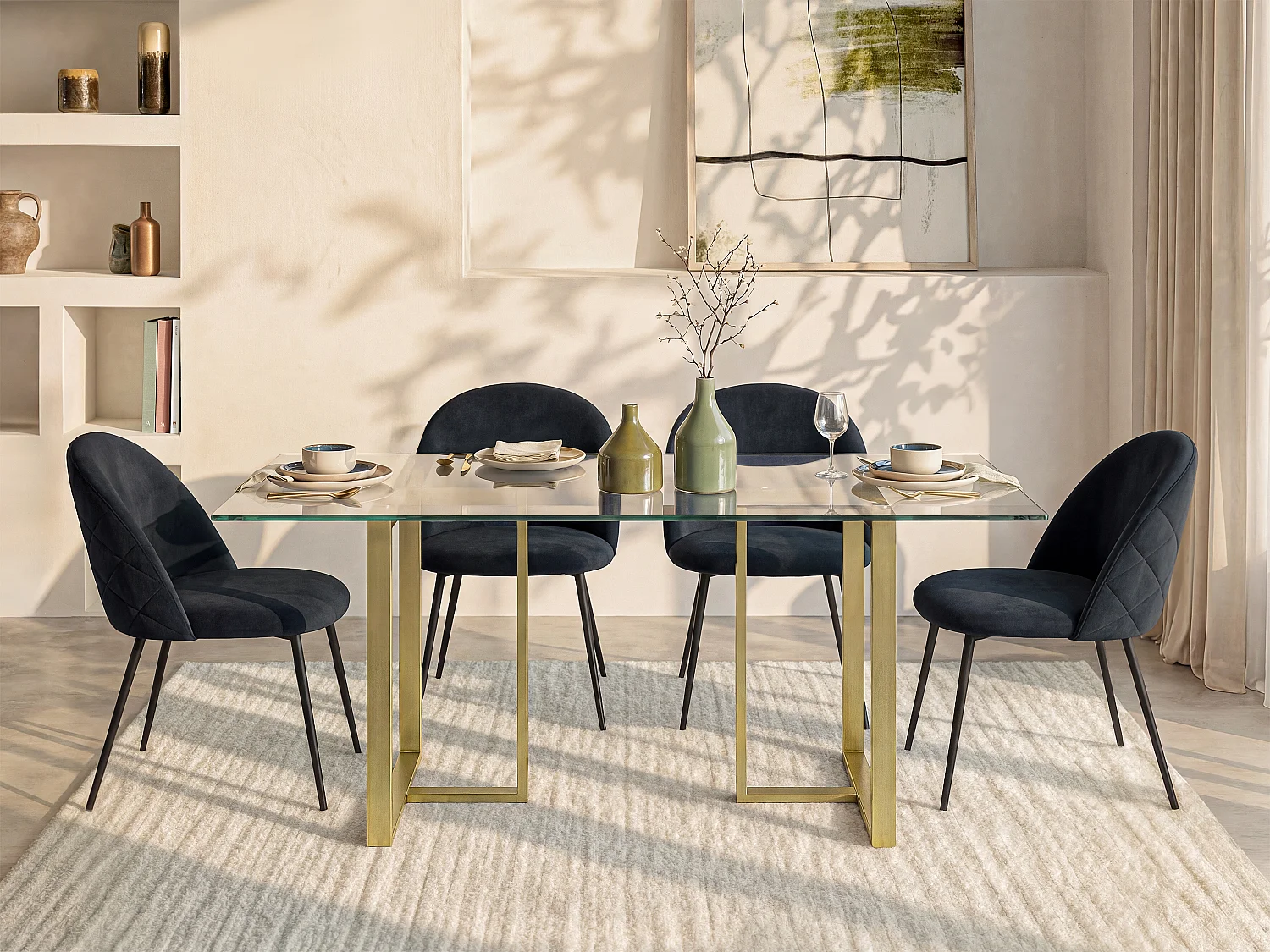 Table à manger 6 personnes en verre trempé et acier inoxydable - Transparent et doré - NILESA II