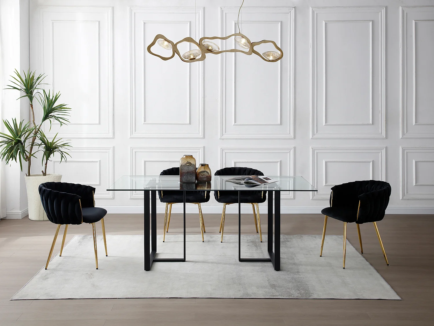 Eettafel 6 personen in gehard glas en roestvrij staal - Transparant en zwart - NILESA