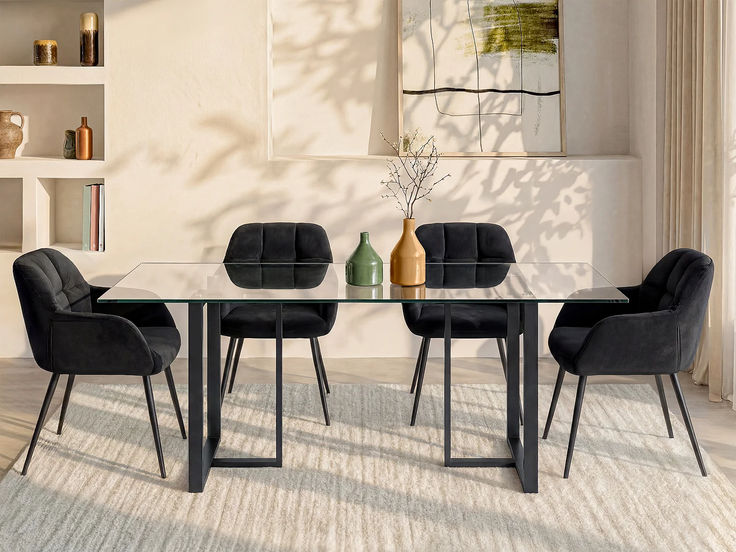 Mesa de comedor 6 comensales de vidrio templado y acero inoxidable - Transparente y negro - NILESA