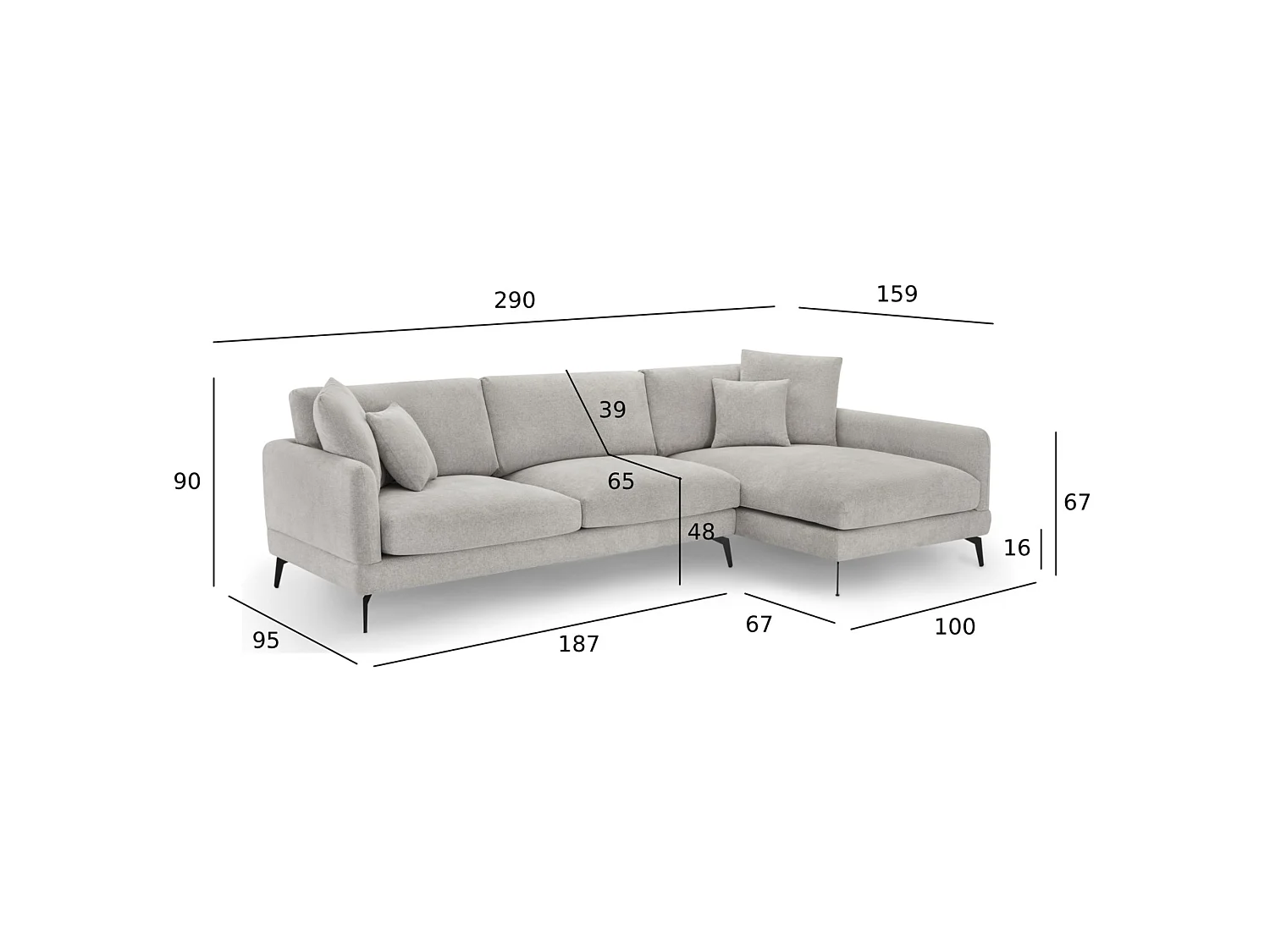 Canapé d'angle 3 places en tissu gris MAGGIE