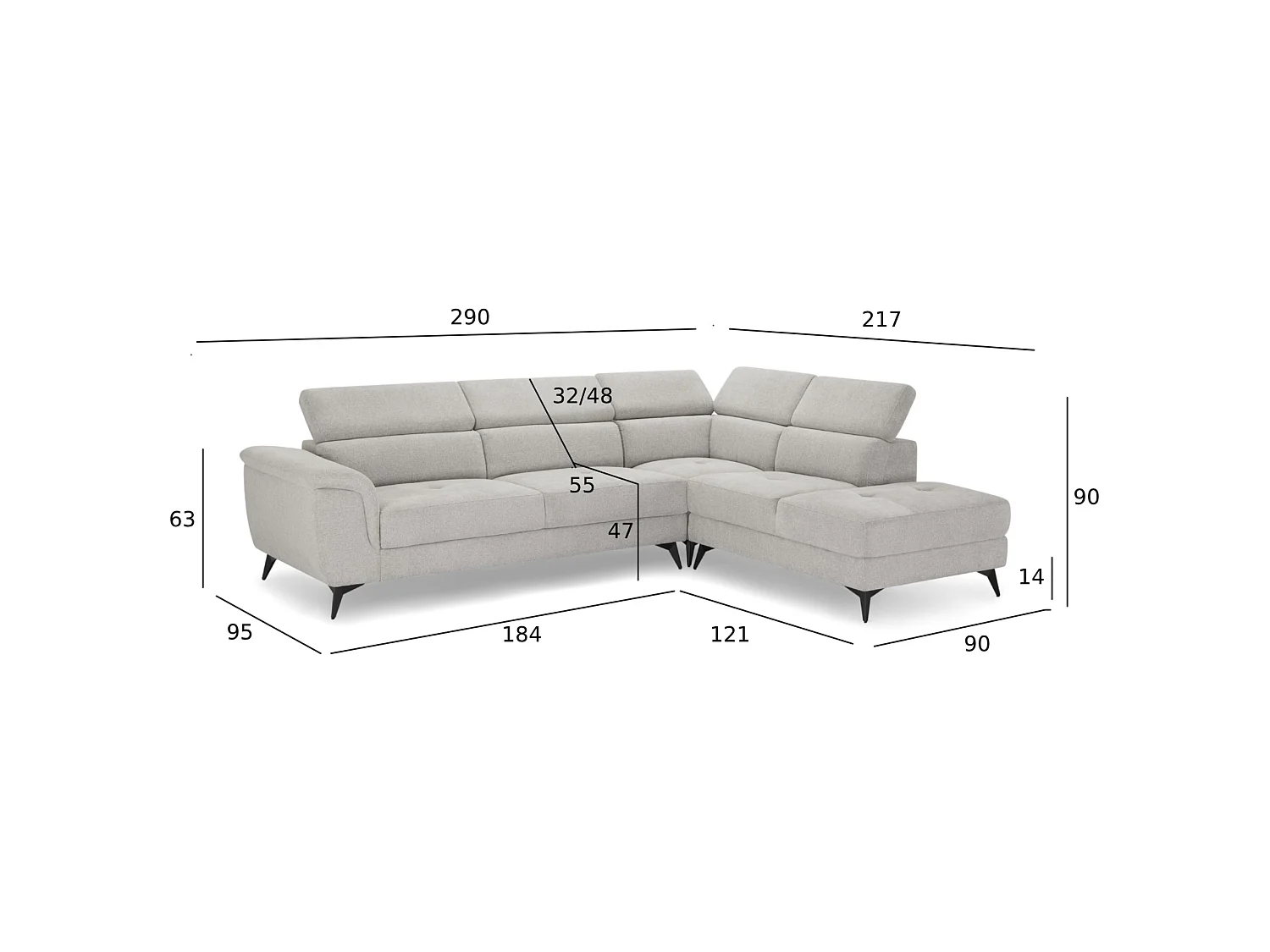 Canapé d'angle droite Betis - 5 places - Tissu - Gris