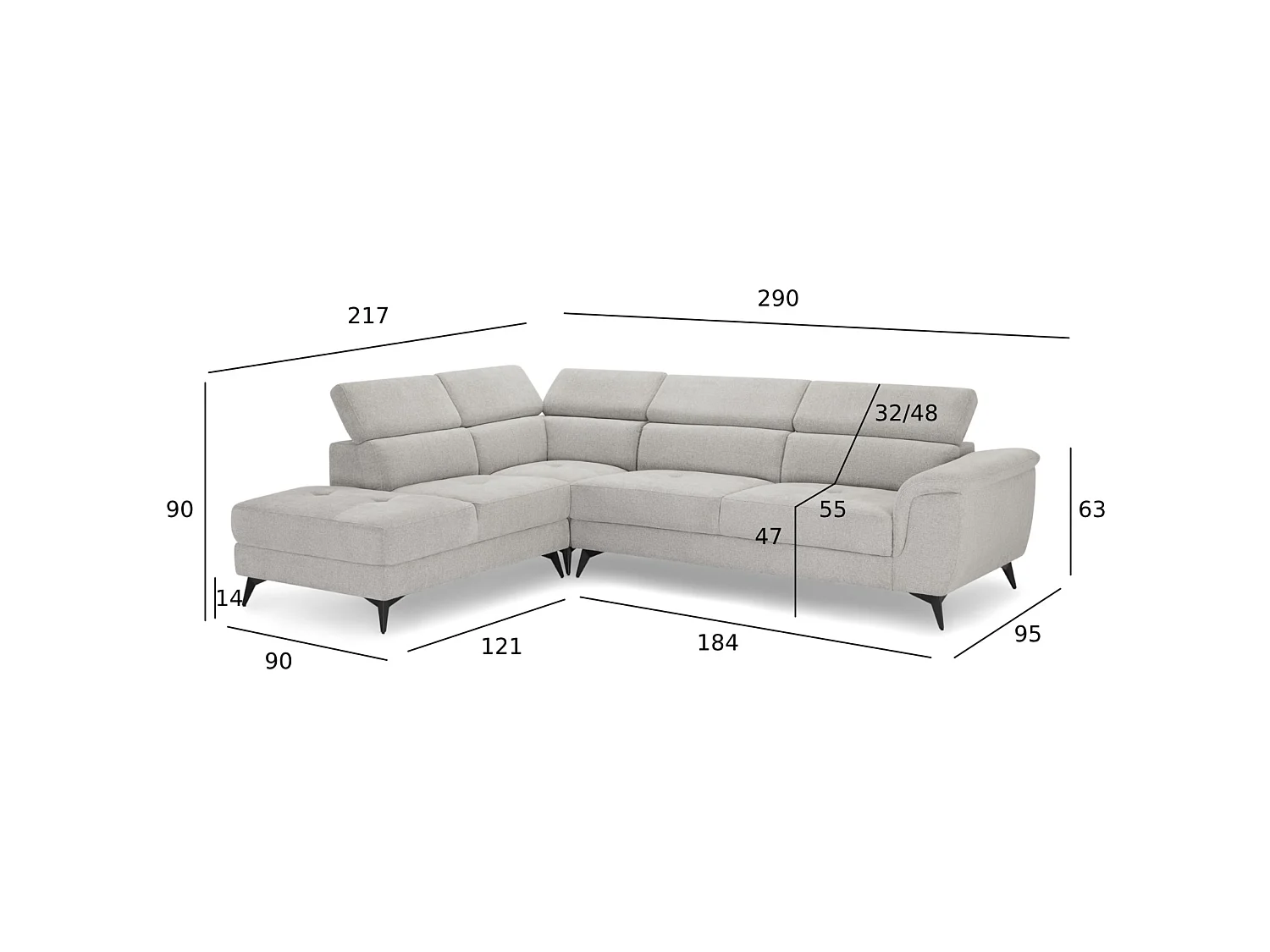 Canapé d'angle gauche Betis - 5 places - Tissu - Gris