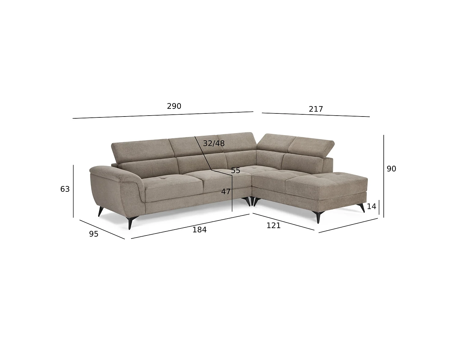 Hoekbank met hoek rechts 5 zitplaatsen Betis van stof - beige