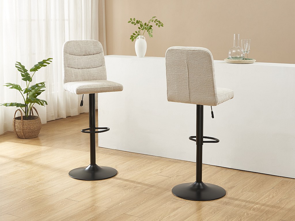 Barhocker 2er-Set - Strukturstoff & schwarzes Metall - Höhenverstellbar - Beige - KELIANO