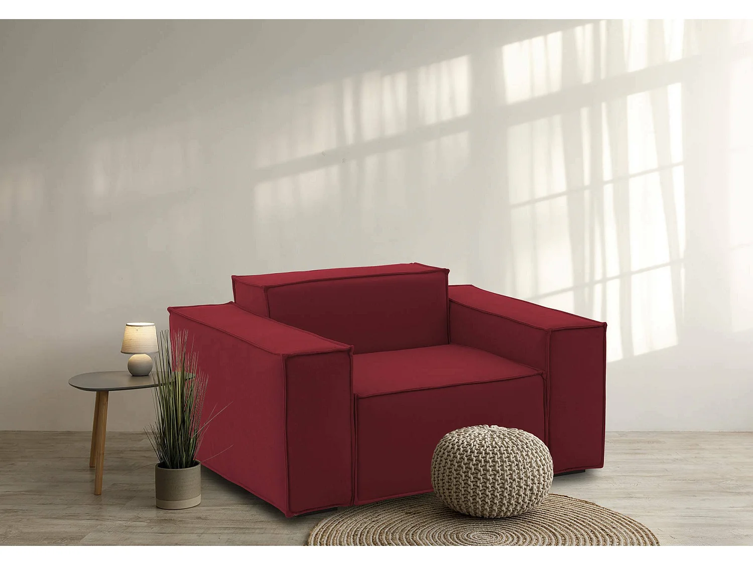 Fauteuil Emanuela, Fauteuil de salon, 100% Made in Italy, Fauteuil relaxant en tissu rembourré, 140x95h70 cm, Rouge