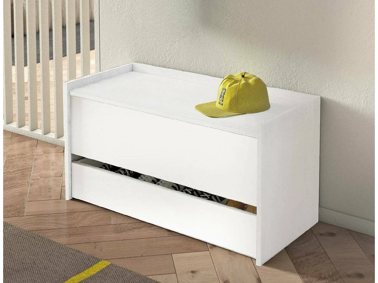 Commode Lantana, Meuble d'entrée moderne avec étagère à chaussures, Coffre avec deux conteneurs, 100% Made in Italy, 90x40h46 cm, Blanc
