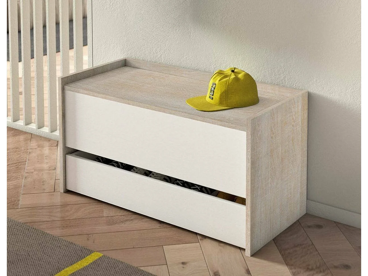 Dgaiard-kist, Modern entreemeubilair met schoenenrek, Kofferbak met twee containers, 100% Made in Italy, 90x40h46 cm, Wit en Eiken