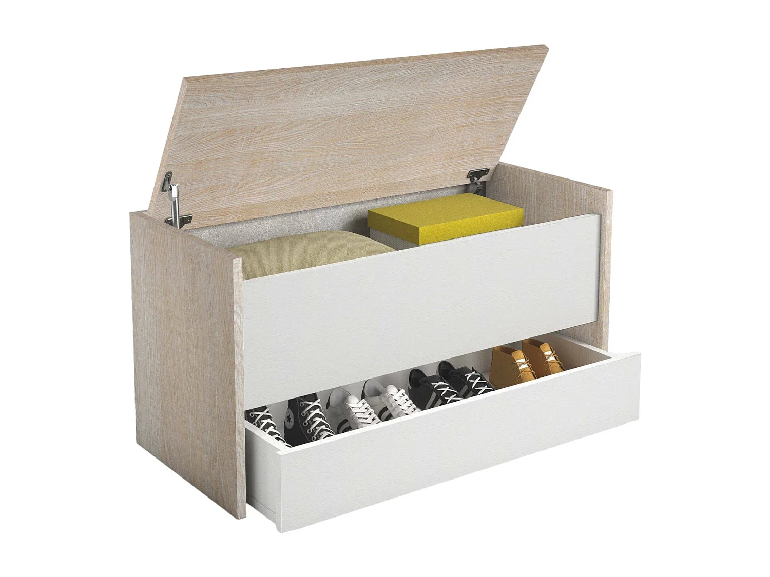 Arcón Dgaiard, Mueble de entrada moderno con zapatero, Cofre baúl con dos contenedores, 100% Made in Italy, 90x40h46 cm, Blanco y Roble