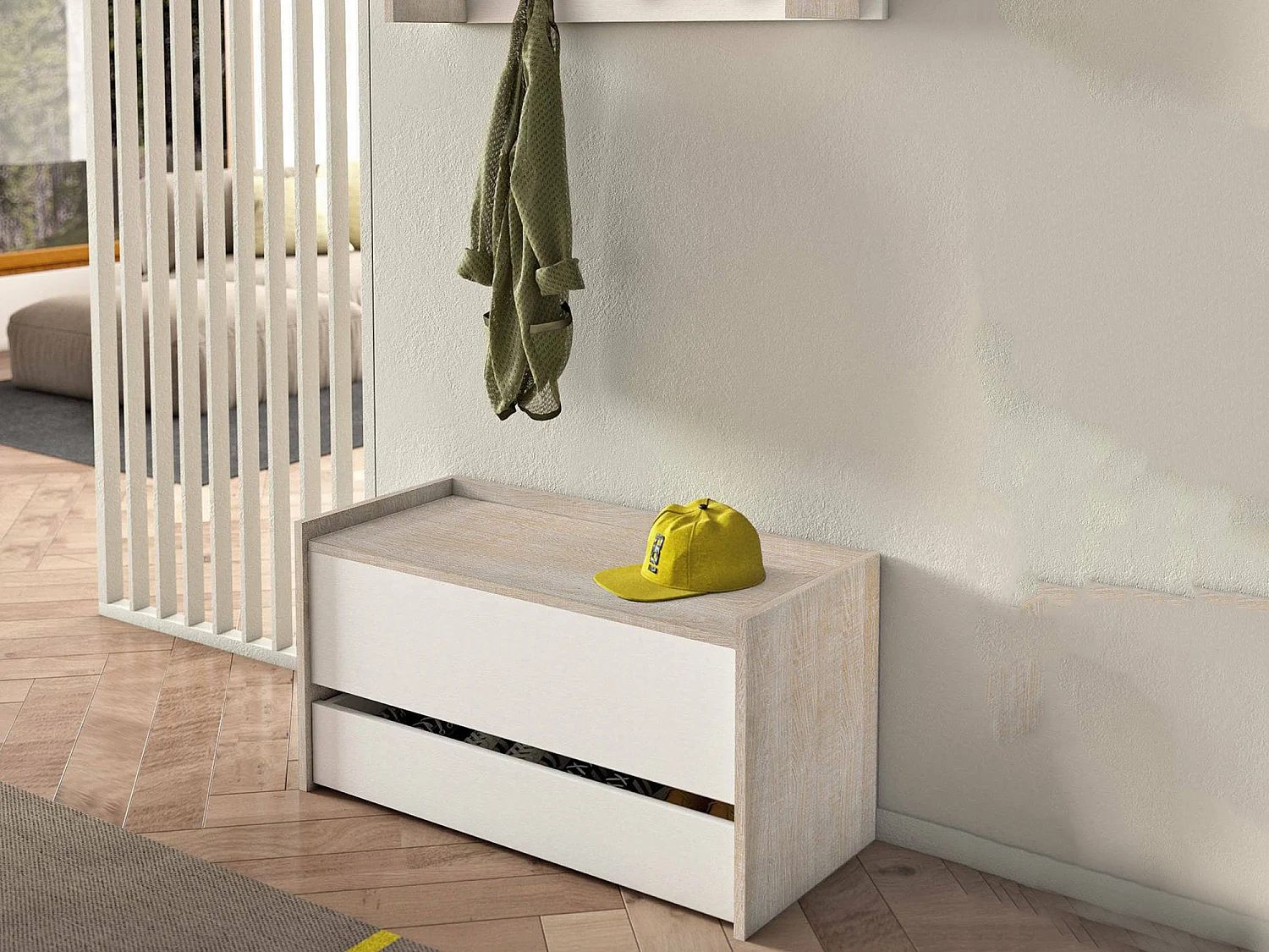 Commode Dgaiard, Meuble d'entrée moderne avec étagère à chaussures, Coffre avec deux conteneurs, 100% Made in Italy, 90x40h46 cm, Blanc et Chêne