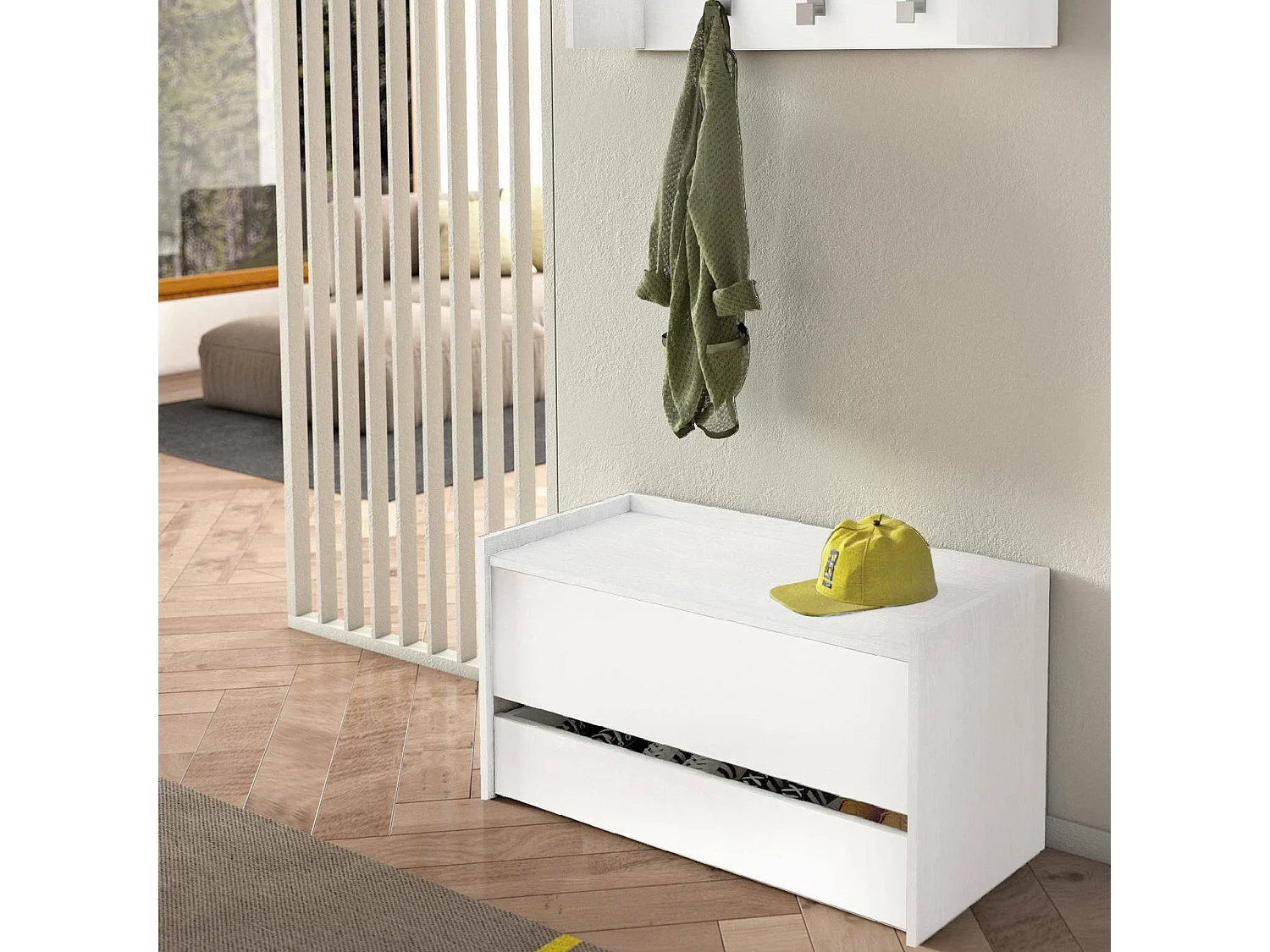 Truhenbank Dgaiard, Moderne Eingangsmöbel mit Schuhregal, Koffertruhe mit zWeiÃŸBehältern, 100% Made in Italy, 90x40h46 cm, WeiÃŸ