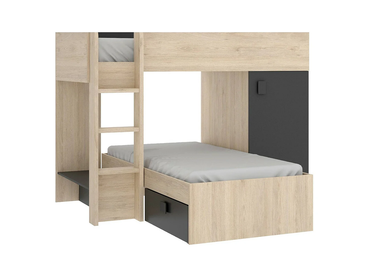 Lit enfant Marmolada, Chambre complète avec armoire et tiroirs, Composition de lits superposés avec deux lits simples, 255x112h150 cm, Chêne et Anthracite
