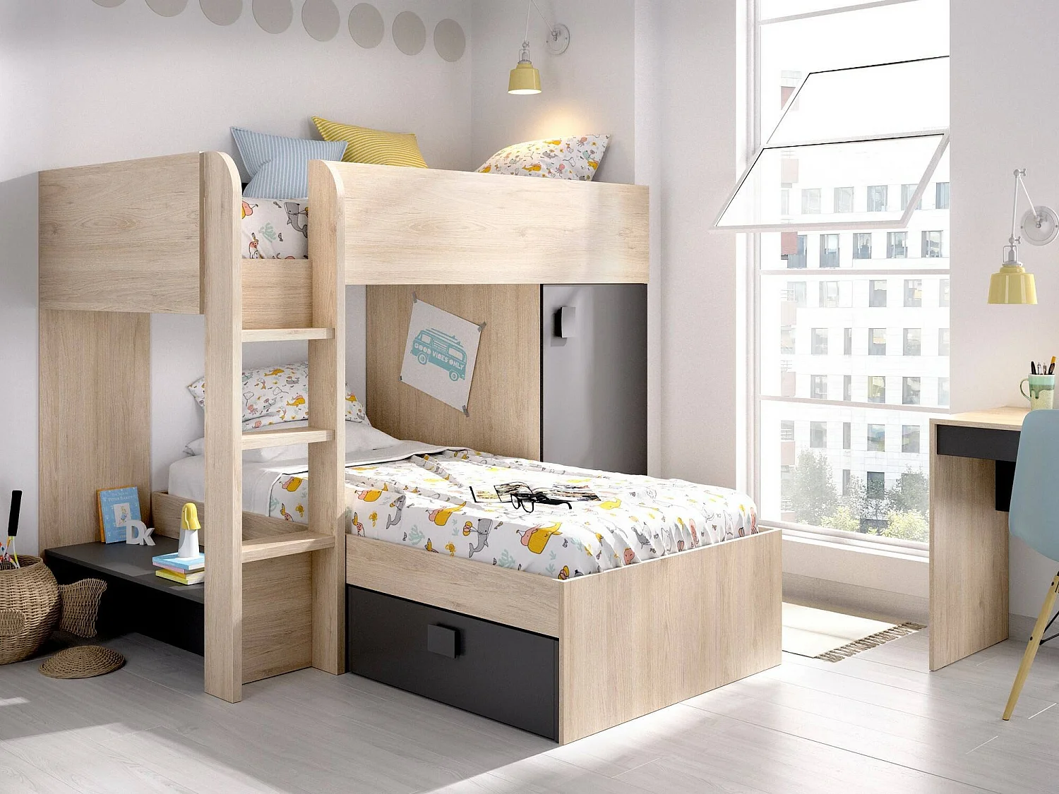 Lit enfant Marmolada, Chambre complète avec armoire et tiroirs, Composition de lits superposés avec deux lits simples, 255x112h150 cm, Chêne et Anthracite