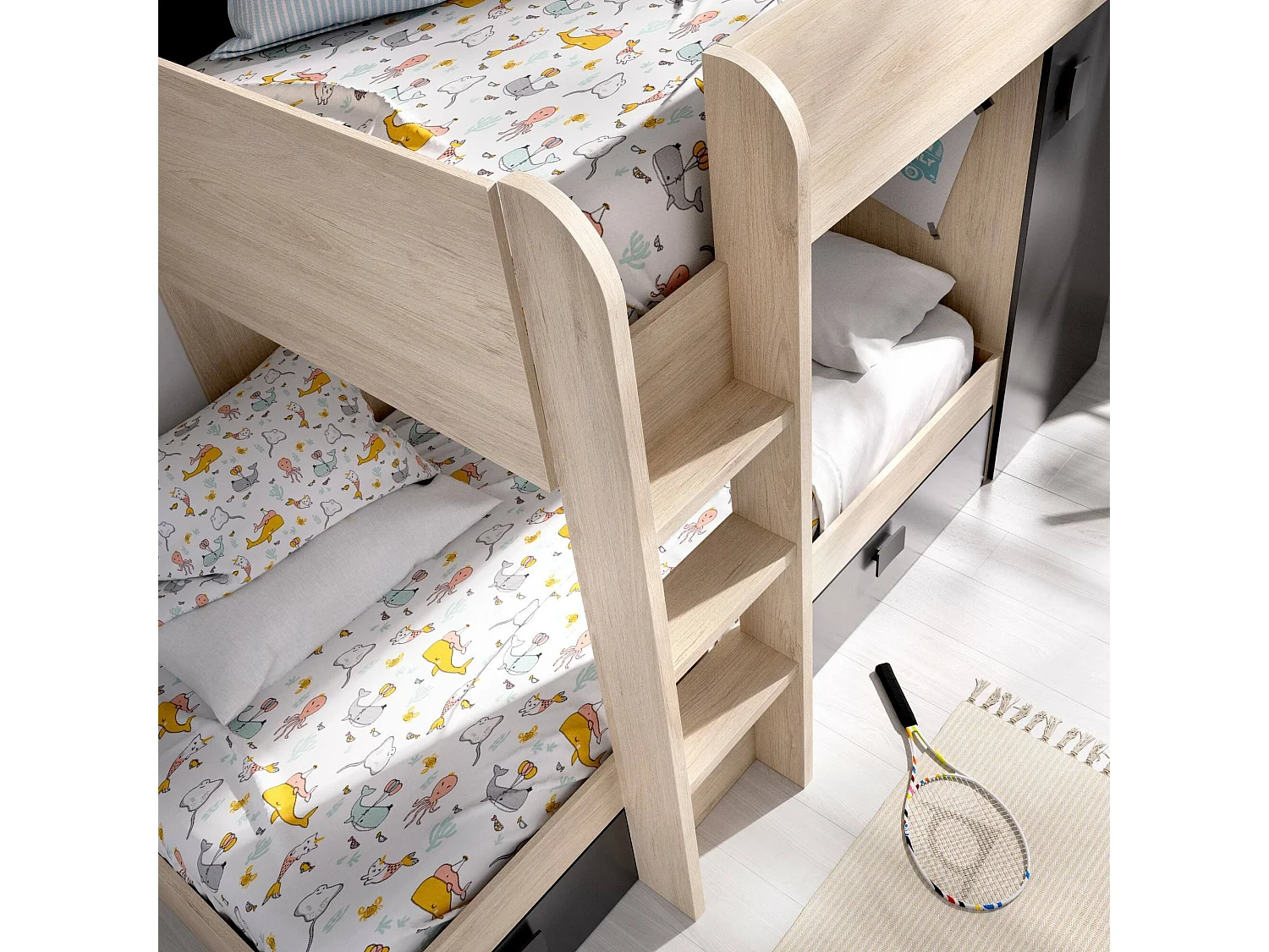 Lit enfant Marmolada, Chambre complète avec armoire et tiroirs, Composition de lits superposés avec deux lits simples, 255x112h150 cm, Chêne et Anthracite