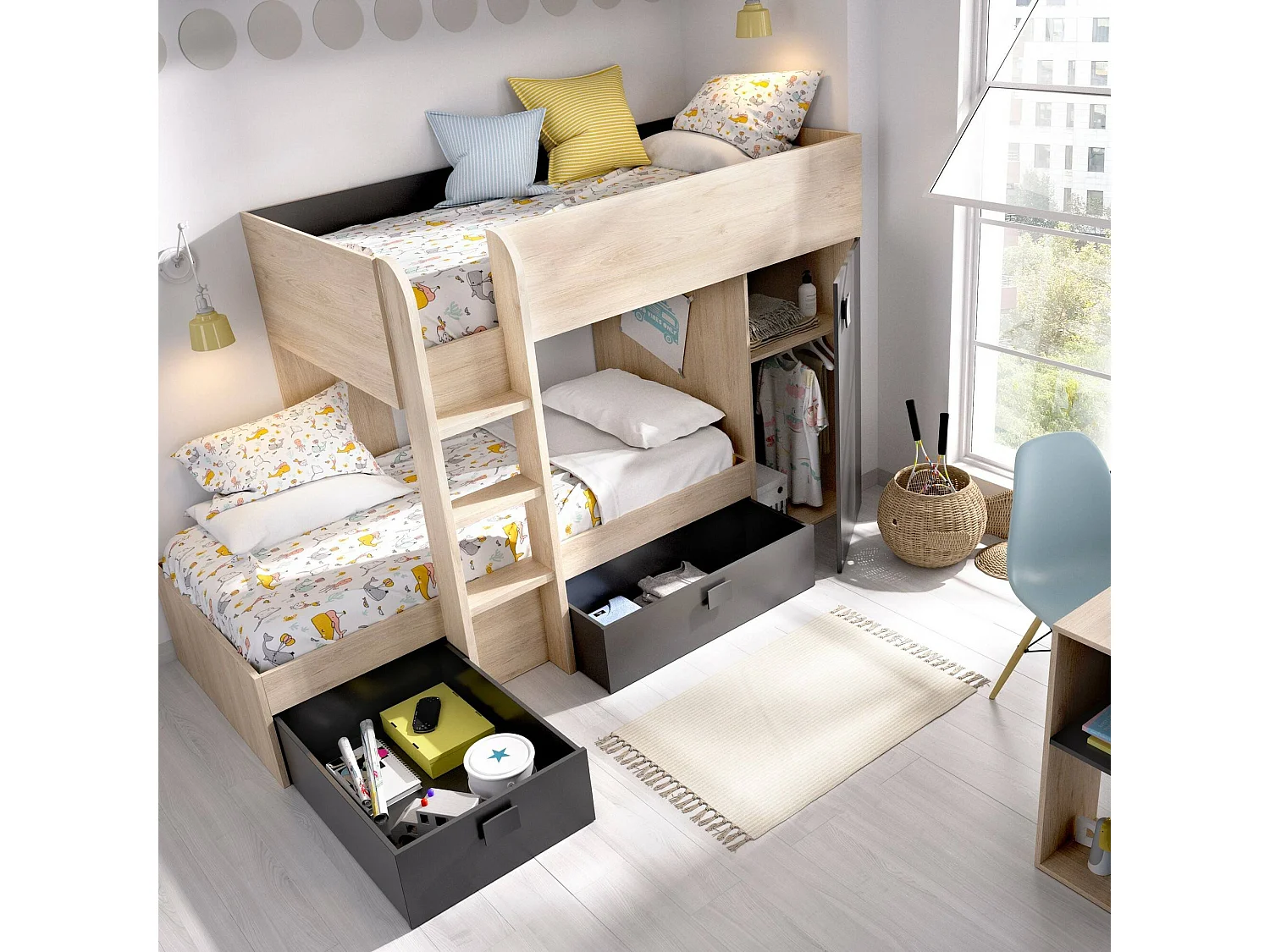 Lit enfant Marmolada, Chambre complète avec armoire et tiroirs, Composition de lits superposés avec deux lits simples, 255x112h150 cm, Chêne et Anthracite
