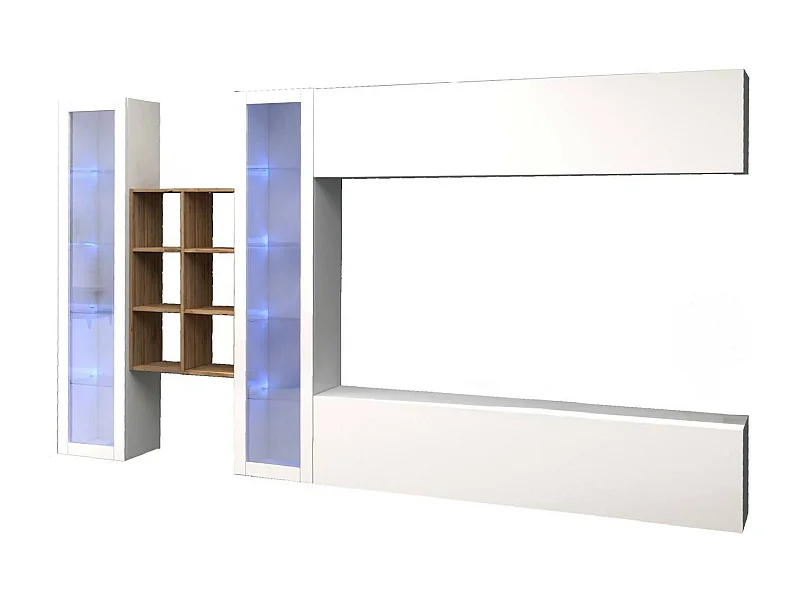 Système mural Demetrio, meuble TV 4 portes, Meuble de salon polyvalent, 100% Made in Italy, 280x30h180 cm, Blanc brillant et érable