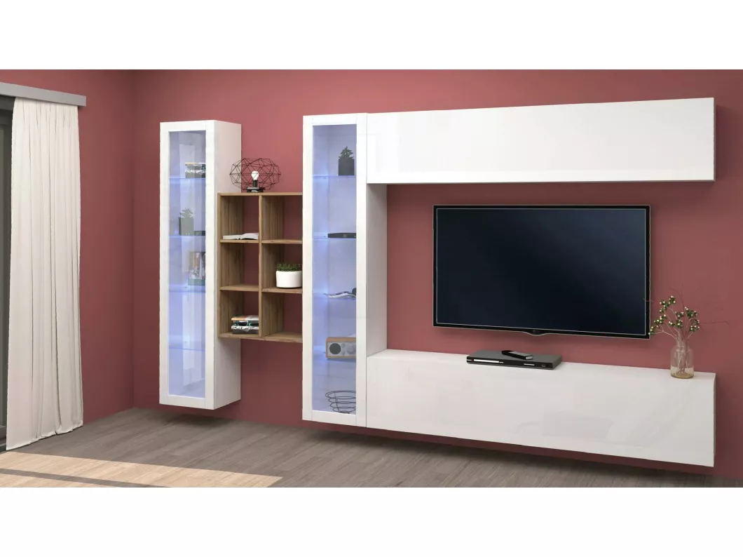 Kauf Unique Wohnzimmermöbel Demetrio, Wohnzimmer-Set TV-Möbel mit 4 Türen, Mehrzweck-Wohnmöbel, 100% Made in Italy, cm 280x30h180, glänzend weiß und Ahorn